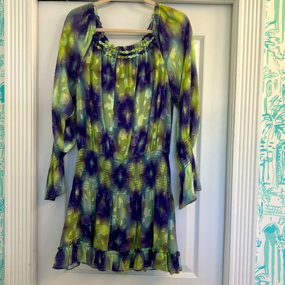 Ramy Brook, mini dress, lime green & purple, off the shoulder party dress!